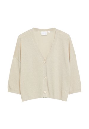 Beige V-neck cardigan with three buttons, long sleeves, and a loose fit, made from soft fabric.