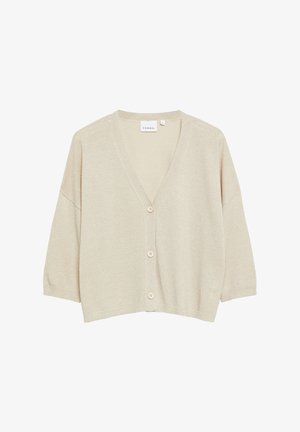 Beige V-neck cardigan with three buttons, long sleeves, and a loose fit, made from soft fabric.