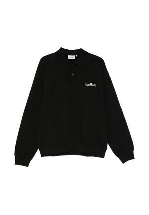 Sort langærmet poloshirt med to knapper, ribstrikkede manchetter og lille hvid Carhartt-logo på venstre bryst.