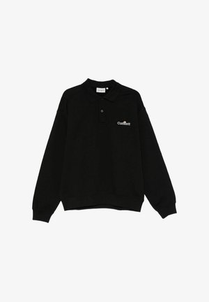 Polo nera a maniche lunghe con due bottoni, polsini a coste e piccolo logo Carhartt bianco sul petto sinistro.