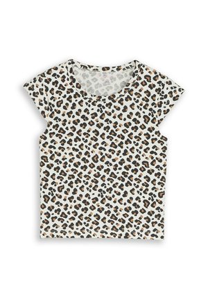 Wit T-shirt met korte mouwen, een ronde hals en een all-over bruine en zwarte luipaardprint.