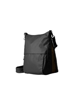 Borsa a tracolla rettangolare nera con tracolla regolabile, tasca frontale e sottile logo "a/u" in rilievo su tessuto liscio.