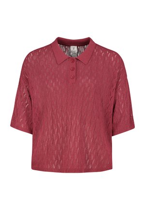 Short-sleeve, medium-sized burgundy knit polo shirt with a wave pattern and three buttons on the placket.