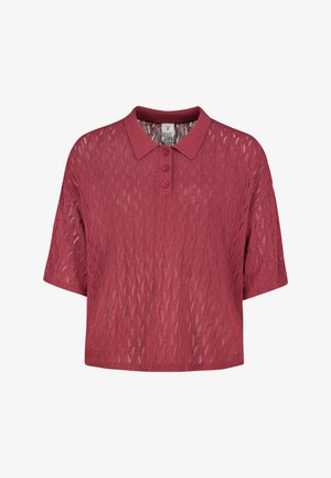 Short-sleeve, medium-sized burgundy knit polo shirt with a wave pattern and three buttons on the placket.
