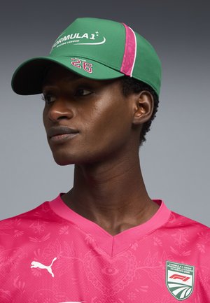 Person trägt eine grüne Formel-1-Kappe mit der Nummer 26 und ein pinkfarbenes Renntrikot mit den Logos von Puma und Mexiko 2026 Grand Prix.