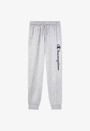 Graue Jogginghose aus weichem Stoff mit elastischem Bund, Bündchen an den Knöcheln und vertikalem "Champion"-Logo in Dunkelblau.