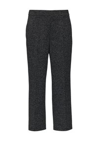Pantalons texturés noir et blanc avec une coupe droite et une taille élastique. Présente un motif subtil sur l'ensemble du tissu.