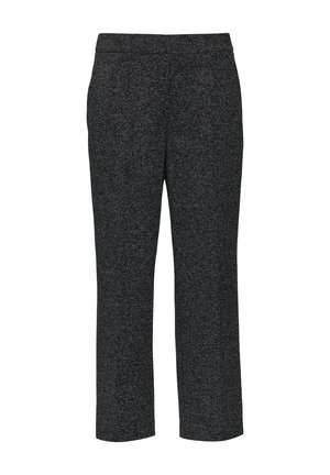 Black and white textured trousers with a straight cut and elastic waistband. Features a subtle pattern throughout the fabric.