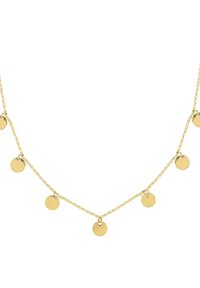 Collana color oro con sette piccoli pendenti circolari su una catena delicata. Il design presenta un'estetica semplice e moderna con una finitura liscia.