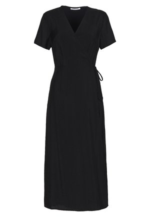 Black wrap dress featuring short sleeves, V-neckline, tie closure at the waist, and flowing silhouette, made from a lightweight fabric.