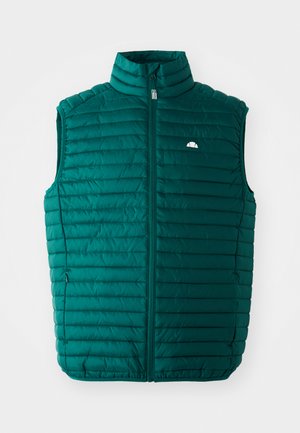 Teal puffer vest with a high collar, zippered front, and horizontal quilted design. Features a small white logo on the upper left.