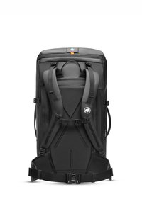 Black backpack with adjustable padded straps, a sturdy handle, and a rectangular shape. Features a logo and several compartments.