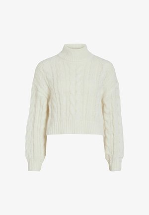 Jersey blanco de punto grueso con cuello alto, diseño corto y textura de punto trenzado. Los puños y el dobladillo acanalados añaden detalle a la confección.