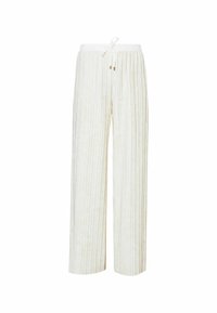 Pantaloni a gamba larga color crema con pieghe verticali, vita elastica e coulisse con accenti dorati. Tessuto dalla consistenza liscia.