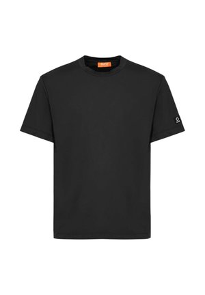 T-shirt nera a maniche corte in cotone. Presenta un colletto tondo e un piccolo logo bianco sulla manica sinistra. Tessuto liscio.