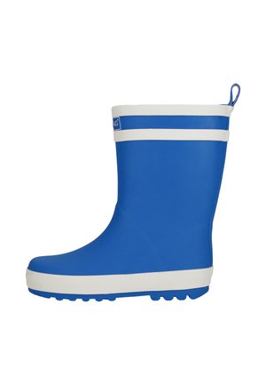 Blauer Gummistiefel mit weißem Rand oben und an der Sohle, Zuglasche hinten und profiliertem Laufsohle für guten Halt.