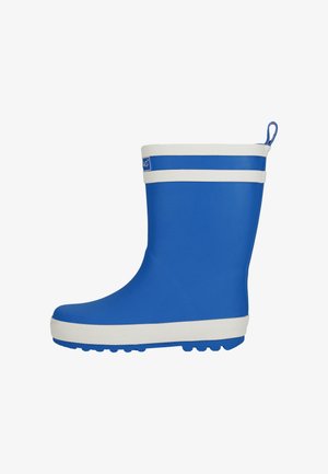 Blue rubber rain boot with white trim at top and sole, pull tab at back, and treaded sole for grip.