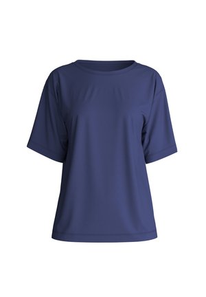 Navyblauw T-shirt met korte mouwen, gemaakt van soepel materiaal, met een ronde halslijn en een losse pasvorm. Bevat eenvoudige stiksels en geen patronen of accenten.