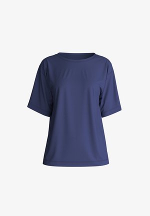 Navyblauw T-shirt met korte mouwen, gemaakt van soepel materiaal, met een ronde halslijn en een losse pasvorm. Bevat eenvoudige stiksels en geen patronen of accenten.