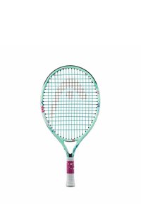 Tennisracket met een mintgroen frame, witte en roze grip en gemusterde accenten. Heeft een ovaal bespannen hoofd en een taperende handgreep.
