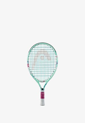 Tennisracket met een mintgroen frame, witte en roze grip en gemusterde accenten. Heeft een ovaal bespannen hoofd en een taperende handgreep.