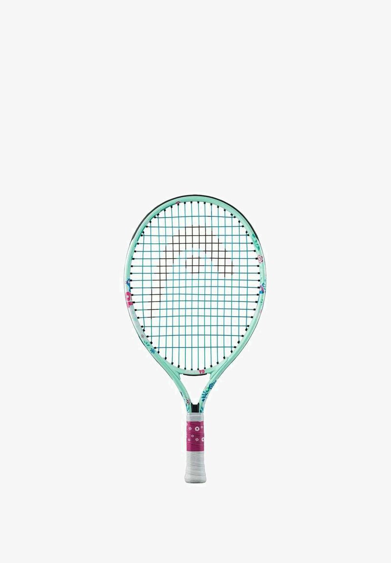 Tennisracket met een mintgroen frame, witte en roze grip en gemusterde accenten. Heeft een ovaal bespannen hoofd en een taperende handgreep.