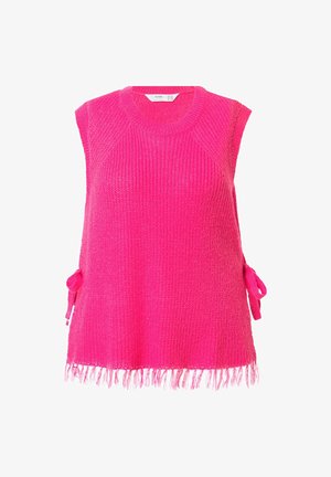 Lys pink strikket ærmeløs top med tekstureret overflade, sidelukninger og frynse-detaljer i kanten.
