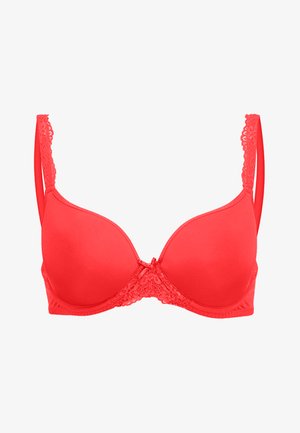 Roter gepolsterter BH mit verstellbaren Trägern, Spitze an der Mitte und den Rändern, glatter Stoff und einer Schleifendetail in der Mitte vorne.