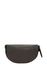 Braune Leder-Clutch, ovale Form mit strukturierter Oberfläche, mit Reißverschluss oben und einer kleinen Seitenschlaufe für einfaches Handling.