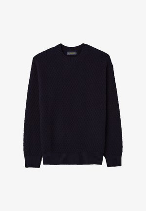 Donker marineblauwe gebreide trui met een gestructureerd patroon, ronde halslijn en geribde mouwen en onderkant. Label leest "Piombo."