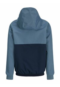 Veste à capuche bicolore bleue avec ourlet et poignets élastiques, vue de dos sur fond blanc.