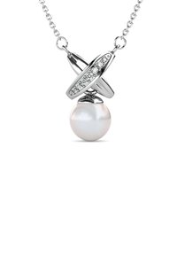 Collana d'argento con un design intrecciato e una perla bianca centrale. Il pendente presenta piccole gemme trasparenti incastonate nel metallo.