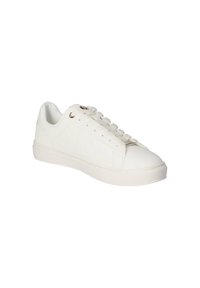 Witte sneakers van textuurmateriaal met een gladde neus en vetersluiting. Bevat gouden accenten en een laag profiel rubberen zool.