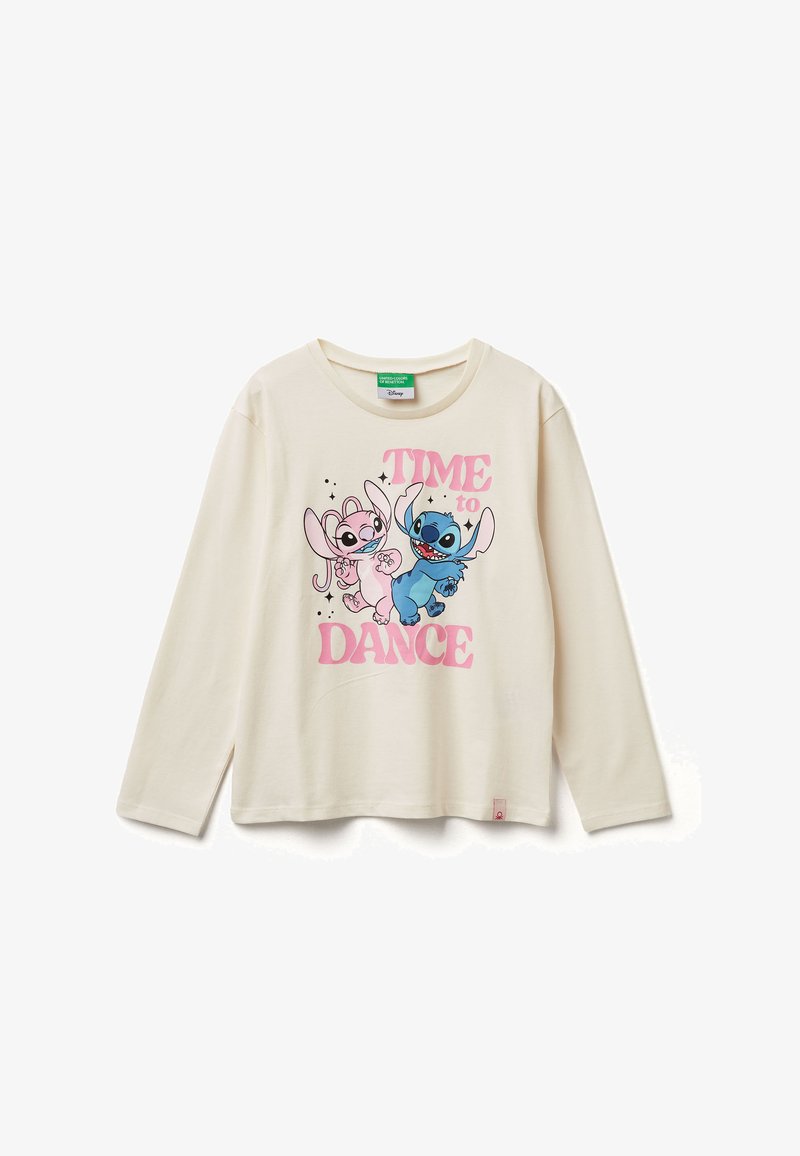 Krémové tričko s dlouhým rukávem. Obsahuje růžovo-modrou grafiku dvou postav s textem "TIME to DANCE" v tučném růžovém písmu. Měkký bavlněný materiál.