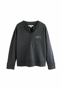 Mørkegrå sweatshirt med ribbet halsudskæring, knaplukning og broderet "New York City" detalje. Blød tekstur og cropped design.