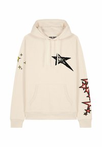 Felpa off-white con grafica di una stella nera sul petto, stelle rosse lungo la manica destra, esplosioni di stelle gialle sulla manica sinistra e tasca a marsupio frontale.