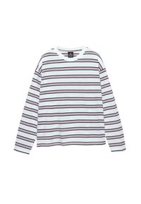 Weißes Langarm-Shirt mit Rundhalsausschnitt, das dünne horizontal schwarze und rote Streifen hat, die gleichmäßig über den Stoff verteilt sind.