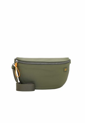 Sac bandoulière vert olive avec une fermeture éclair argentée, une languette orange, une sangle réglable et un petit logo jaune sur le devant.
