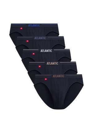 Pięć par czarnych męskich slipów z kolorowymi gumkami w pasie oznaczonym napisem „ATLANTIC” w kolorach niebieskim, szarym, białym, beżowym i brązowym, ułożonych diagonalnie.