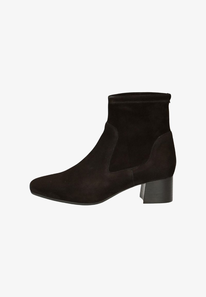 Bottine en daim noir avec petit talon bloc et surpiqûres sur le côté, conçue pour la mode féminine et un usage décontracté.