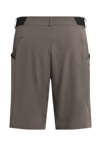 Pantaloncini marroni alla lunghezza del ginocchio con tasche laterali, passanti per cintura e una cintura aderente con inserti elastici neri sul retro.