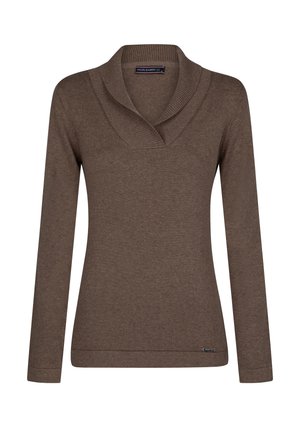 Brauner, langärmeliger Pullover mit umgeschlagenem Kragen und gerippter Textur. Verfügt über ein dezentes Markenlogo nahe dem Saum.