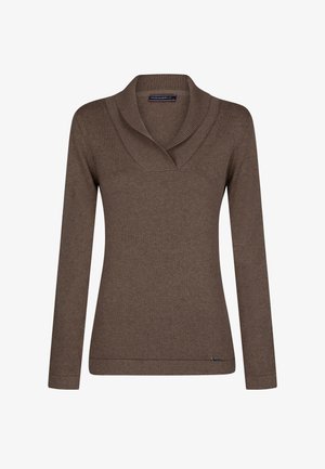 Bruine, lange mouwen trui met een opgestikte kraag en geribbelde textuur. Heeft een subtiele merklogo dichtbij de zoom.