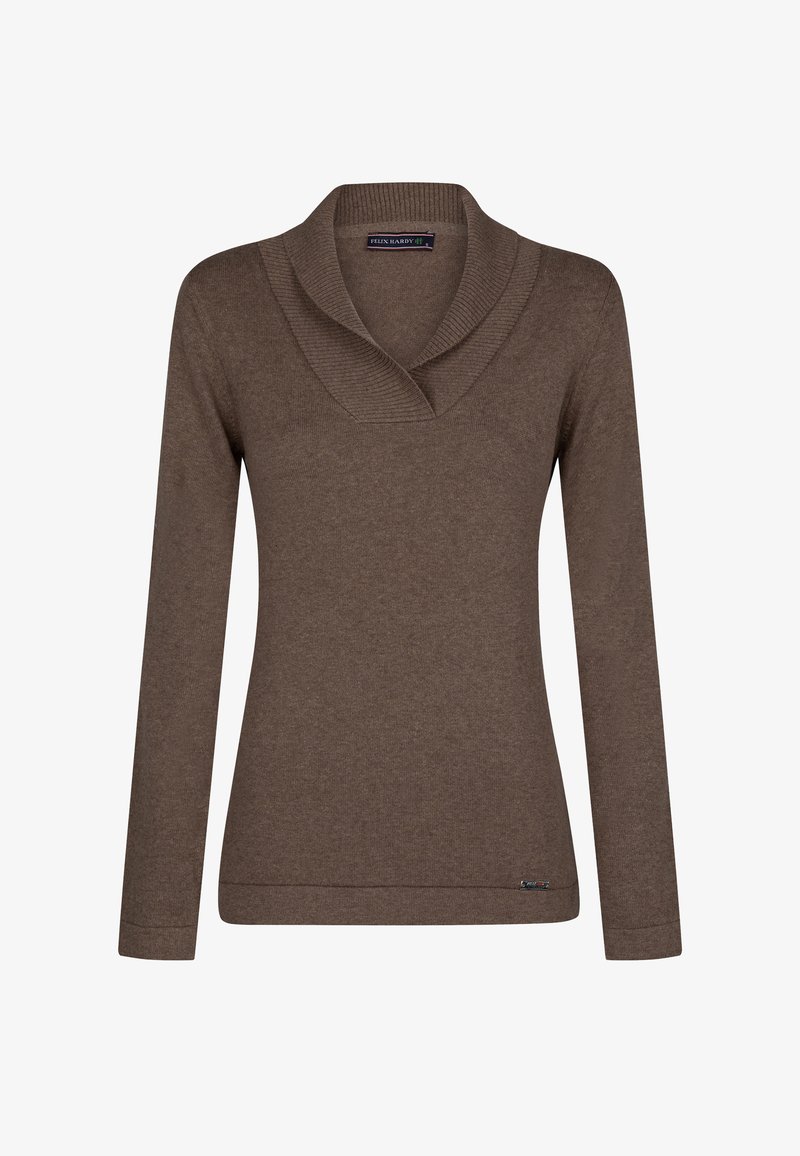 Hnědý svetr s dlouhými rukávy, s překládaným límcem a žebrovanou texturou. Obsahuje nenápadné logo značky poblíž lemu.