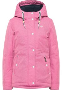 Różowa zimowa kurtka z kapturem, z frontowymi zapięciami na napy, sznurkiem w kapturze, dwiema kieszeniami bocznymi i czarną podszewką.