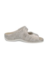 Slip-on sandal with a metallic silver leather upper, open toe design, cushioned insole, and a flexible white rubber outsole.