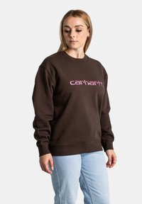 Felpa marrone in cotone, con logo "carhartt" rosa sul petto, colletto a girocollo e polsini a costine, abbinata a jeans azzurri chiari.