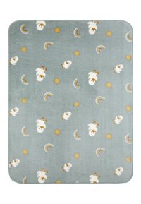 Light blue fleece blanket with a playful pattern of ducks, suns, and rainbows. Soft texture with rounded edges and a comfortable design.