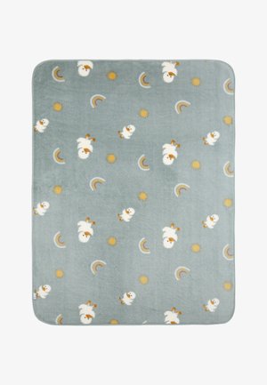 Light blue fleece blanket with a playful pattern of ducks, suns, and rainbows. Soft texture with rounded edges and a comfortable design.