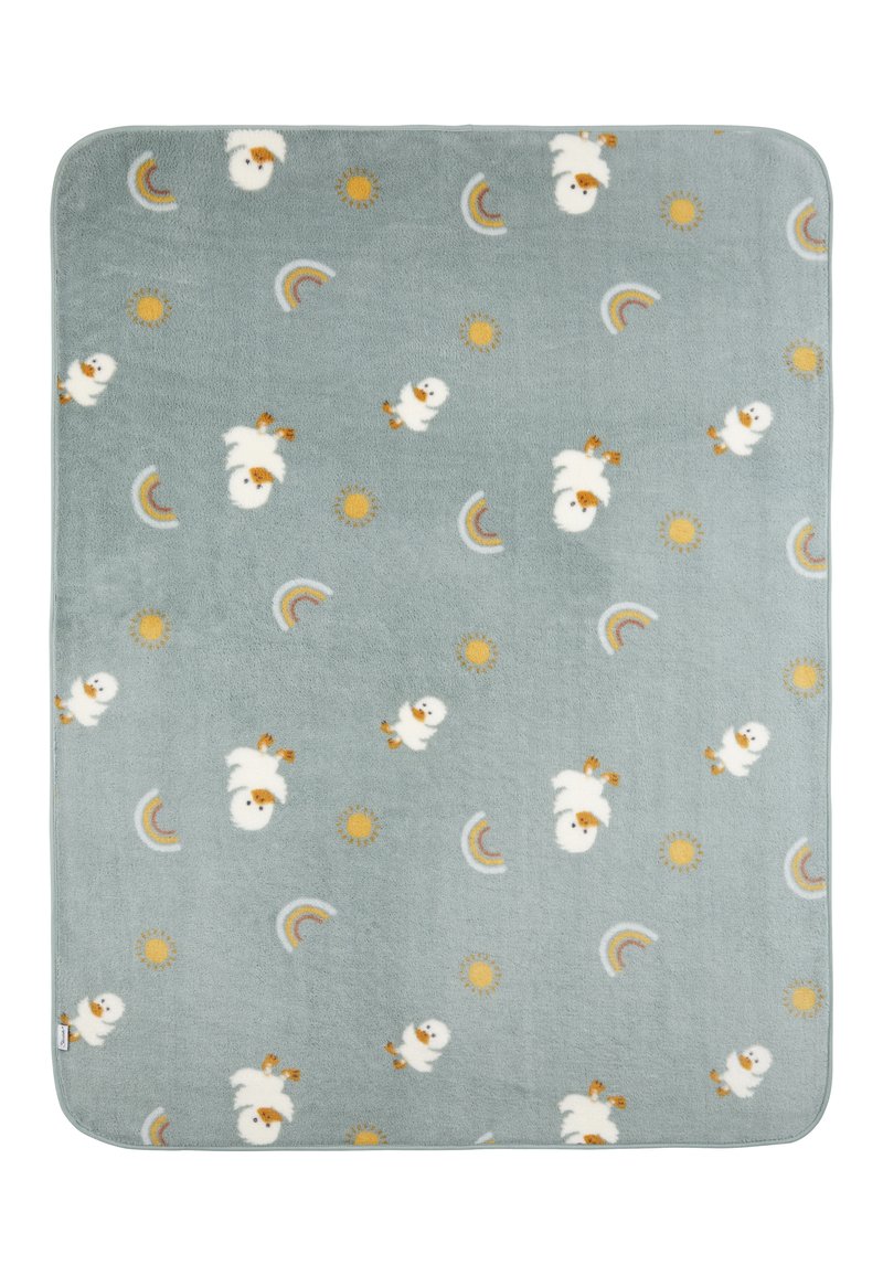 Light blue fleece blanket with a playful pattern of ducks, suns, and rainbows. Soft texture with rounded edges and a comfortable design.